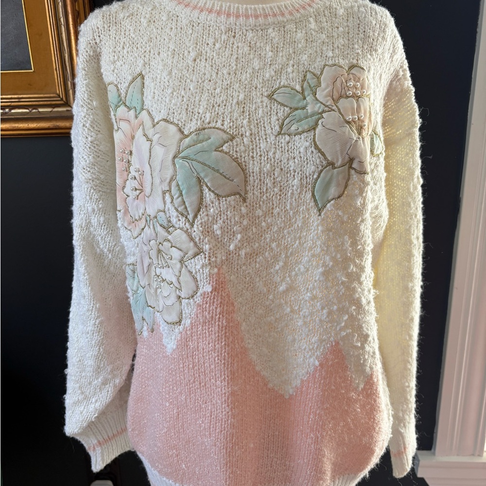 Vintage Textured Knit Cream and Pink Crew Neck Sweater